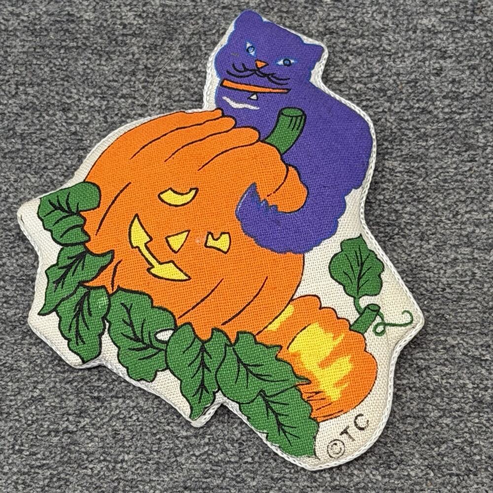 Retro Halloween Fridge Magnet Spooky Purple Cat Big Orange Pumpkin 3" Nostalgic